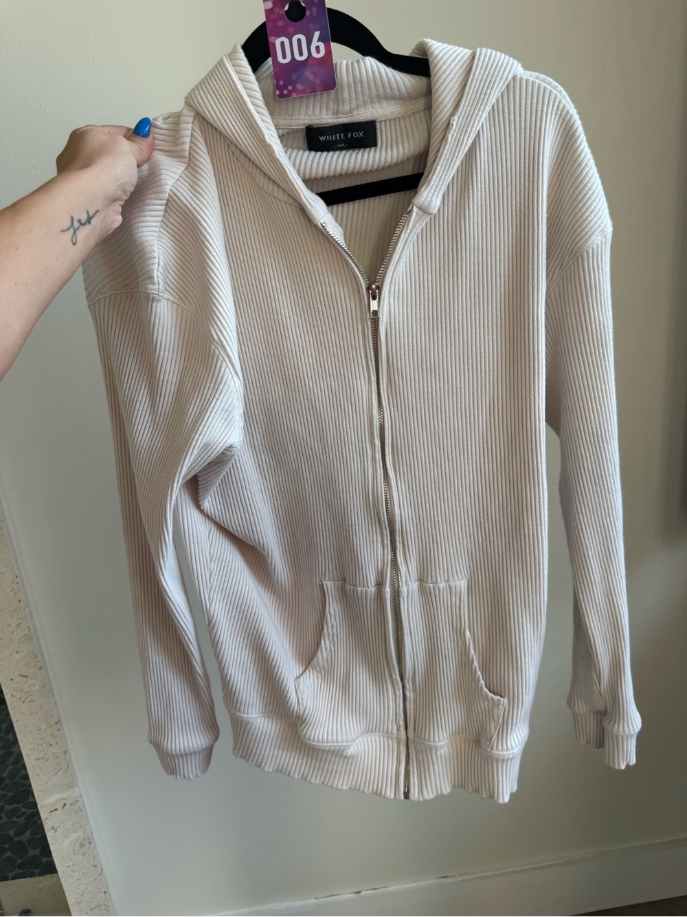 06. White Fox Ribbed Zip Hoodie in Cream